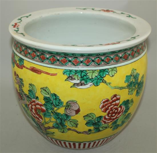 A Chinese yellow ground fish bowl, late 19th century, diameter 26cm